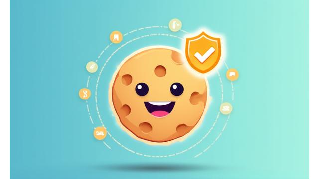 Icono de una galleta digital con un escudo y un tick de aprobación, representando la gestión de consentimiento de cookies.