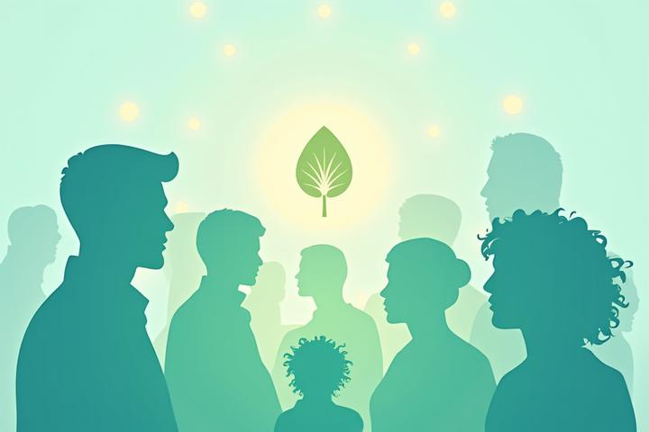 Un círculo de personas anónimas interactuando en un entorno virtual seguro, representando apoyo mutuo en salud mental.