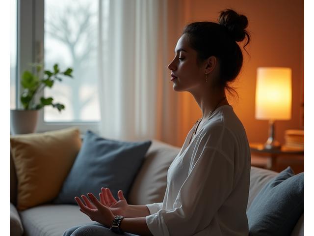 Persona meditando en un entorno sereno con elementos tecnológicos sutiles