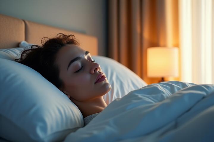 Persona durmiendo plácidamente en una cama cómoda, con una tenue luz de noche y un ambiente de calma.