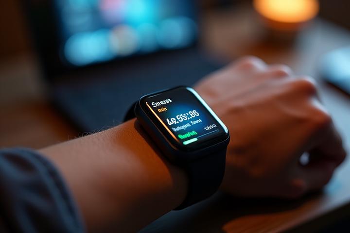 Persona utilizando un smartwatch que muestra datos de estrés y pulsaciones, con un brillo sutil y enfoque en la muñeca.