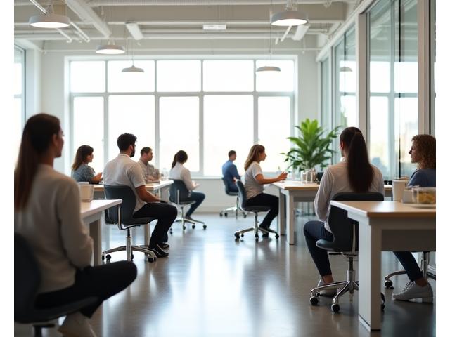 Profesionales en un espacio de oficina moderno y tranquilo, practicando una breve pausa para mindfulness o respiración, con expresión de calma.