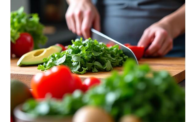 Mujer preparando una comida saludable con verduras frescas
