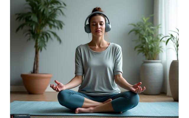 Hombre practicando meditación mindfulness con auriculares