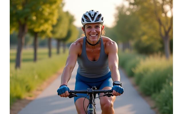 Persona activa montando en bicicleta, con un smartwatch visible en la muñeca