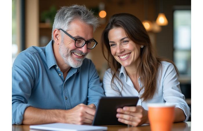 Dos adultos de 35+ interactuando positivamente, posiblemente revisando objetivos de bienestar en una tableta, simbolizando el apoyo y compañerismo en el foro de Travesía Saludable.