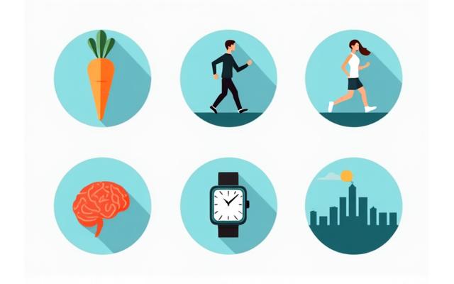 Representación visual de categorías de bienestar con iconos de nutrición, ejercicio y meditación. Fondo con un ligero gradiente de colores primarios y secundarios de Travesía Saludable.