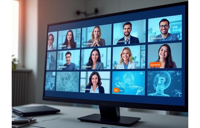 Expertos en bienestar y un moderador participando en una sesión de preguntas y respuestas en línea, con gráficos coloridos y branding Travesía Saludable.