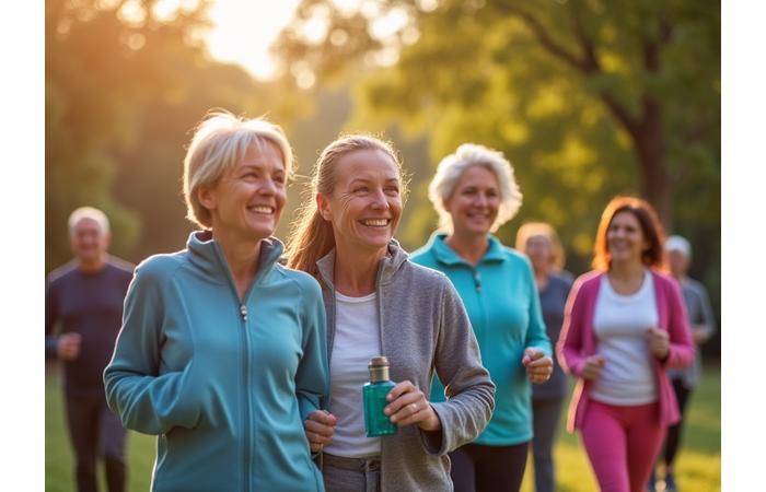 Grupo diverso de adultos de 35+ sonriendo y participando en una actividad al aire libre en un parque de Madrid, simbolizando conexión social y bienestar.