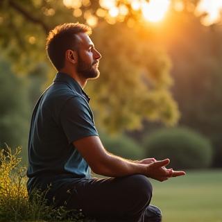 Carlos Ruiz, miembro del foro de Travesía Saludable, practicando meditación al aire libre con una expresión serena, simbolizando su éxito en el manejo del estrés.