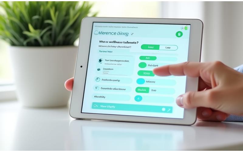 Interfaz de una aplicación mostrando un quiz interactivo de bienestar en una tablet.