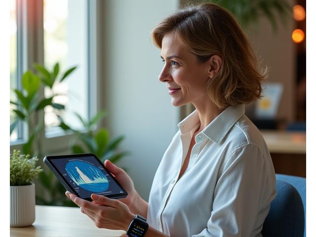 Mujer adulta sonriendo mientras usa un smartwatch, representando bienestar y tecnología.