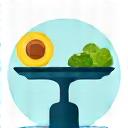Icono de una balanza y alimentos, representando una calculadora nutricional.