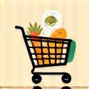 Icono de una cesta de la compra con productos saludables y un chip, simbolizando recomendaciones personalizadas.