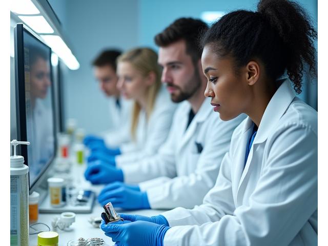 Científicos analizando equipos de laboratorio y productos de bienestar con iluminación moderna