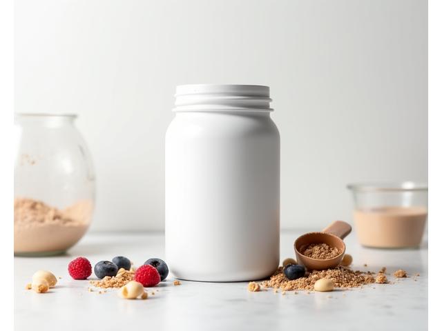 Bote de proteína en polvo de alta calidad con envase moderno