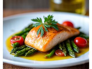Un plato vibrante de comida antiinflamatoria con ingredientes locales como pescado azul, verduras de hoja verde, frutos rojos y aceite de oliva virgen extra, en un entorno de mesa rústico y acogedor.