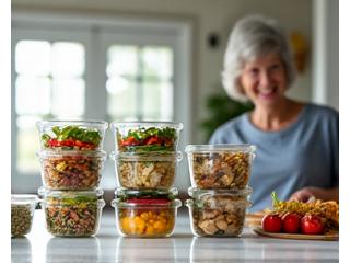 Una cocina organizada con varios contenedores de preparación de comidas (batch cooking) llenos de opciones saludables y de fácil digestión para la semana, con una persona madura sonriendo en el fondo.