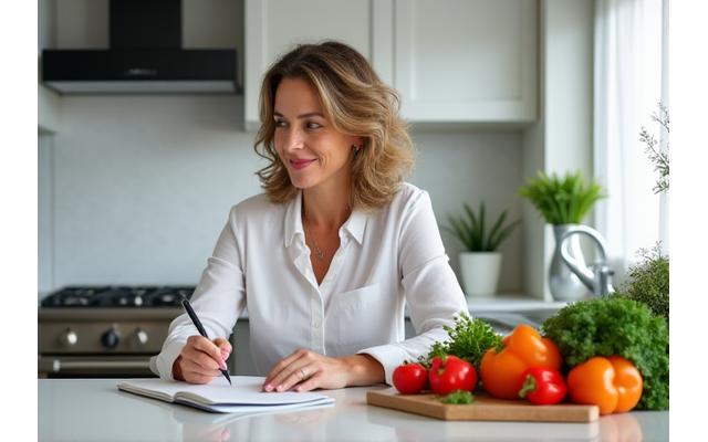 Mujer adulta planificando una dieta de eliminación con alimentos frescos y un cuaderno, con un ambiente de cocina luminoso.