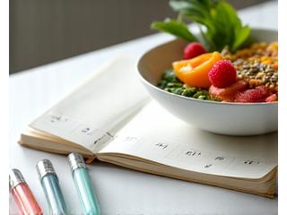Cuaderno de planificación de comidas con un bol de comida saludable y fresca, como smoothie bowl o ensalada, en una cocina moderna.