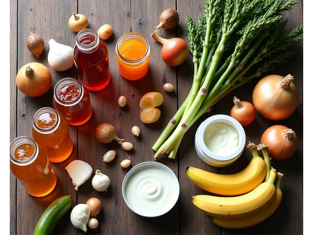 Un collage de alimentos ricos en prebióticos y probióticos como kéfir, kombucha, yogur, verduras fermentadas, ajo y cebolla, dispuestos de manera atractiva en una tabla de madera.