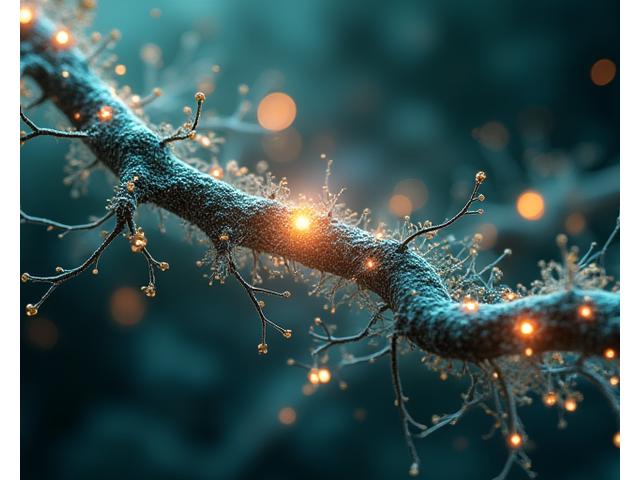 Representación visual interactiva de la conexión intestino-cerebro con neuronas y bacterias benéficas interconectadas, ideal para adultos mayores de 35 años.