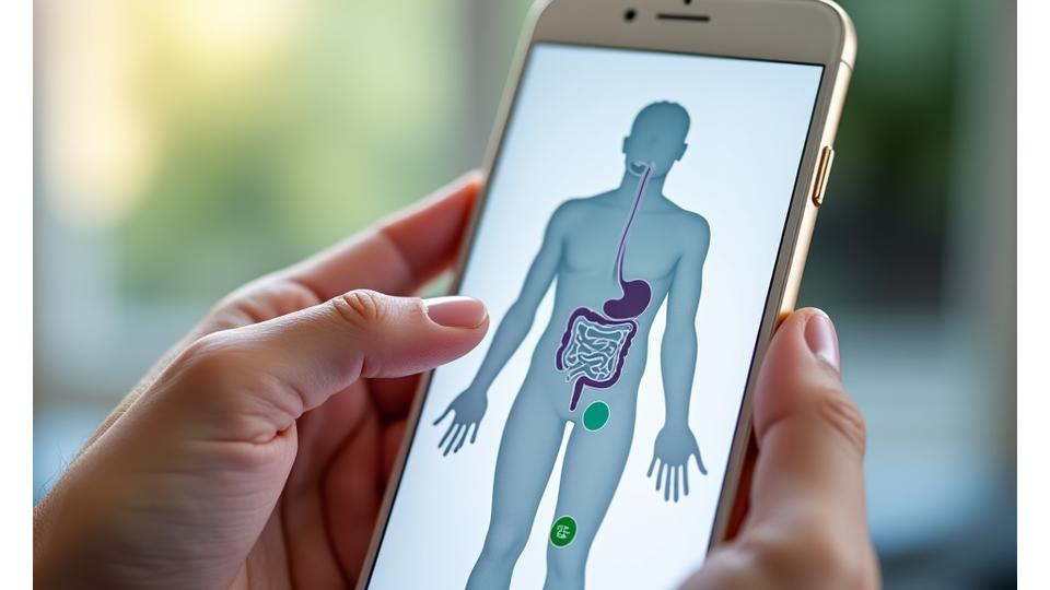 Interfaz de aplicación móvil con un mapa corporal interactivo que permite al usuario señalar y registrar síntomas digestivos como hinchazón o dolor en el abdomen, con una línea de tiempo para seguimiento diario.