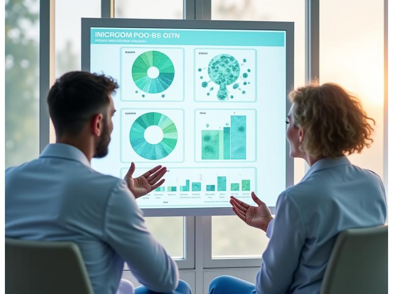 Gráfico de informe de test de microbioma con diferentes barras de colores representando especies bacterianas y un médico o nutricionista explicando los resultados a un cliente de mediana edad en un consultorio moderno.