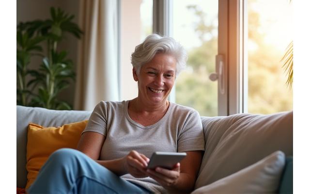 Adulto mayor sonriendo mientras usa una tablet, viendo contenido de bienestar. Ambiente hogareño, luz natural.