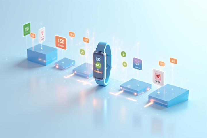 Múltiples iconos de aplicaciones de salud flotando sobre un fondo de smartwatch y smartphone conectados