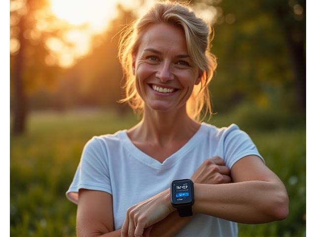 Mujer adulta sonriendo mientras revisa datos de su smartwatch con un fondo de naturaleza borroso