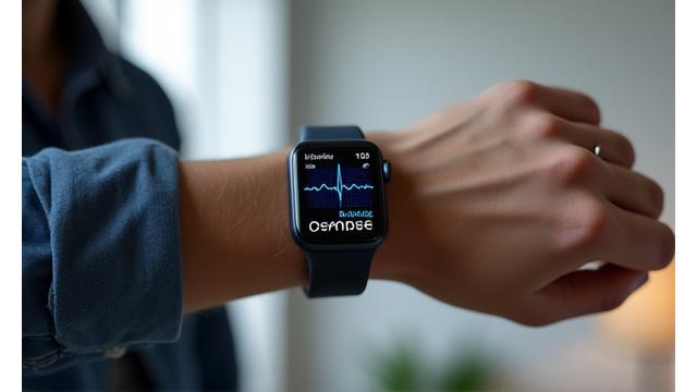 Apple Watch Series 9 en una muñeca, mostrando una pantalla con métricas de salud