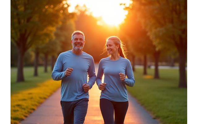 Pareja adulta activa, de unos 50 años, caminando vigorosamente en un parque al aire libre al amanecer, con monitores de actividad física, disfrutando del paisaje y el ejercicio.