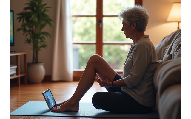 Una mujer mayor de 50 años realizando ejercicios de rehabilitación de rodilla en su casa, siguiendo un video en una tablet, con una expresión de concentración.