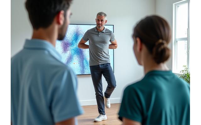 Adulto de 45 años realizando una evaluación de equilibrio con un fisioterapeuta, usando tecnología para el seguimiento del movimiento en un entorno moderno.