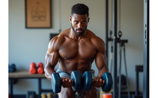 Hombre de 40 años levantando pesas con técnica correcta en un gimnasio casero con iluminación suave, enfocado y fuerte.