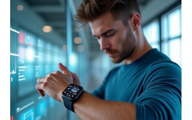 Persona de 35-45 monitorizando su actividad física en un smartwatch mientras realiza ejercicios ligeros, con un fondo de gráficos de datos holográficos, representando la integración tecnológica con el fitness.